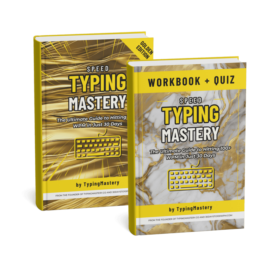 The Premium Version of "Speed Typing Mastery" in a golden design with a bonus workbook.