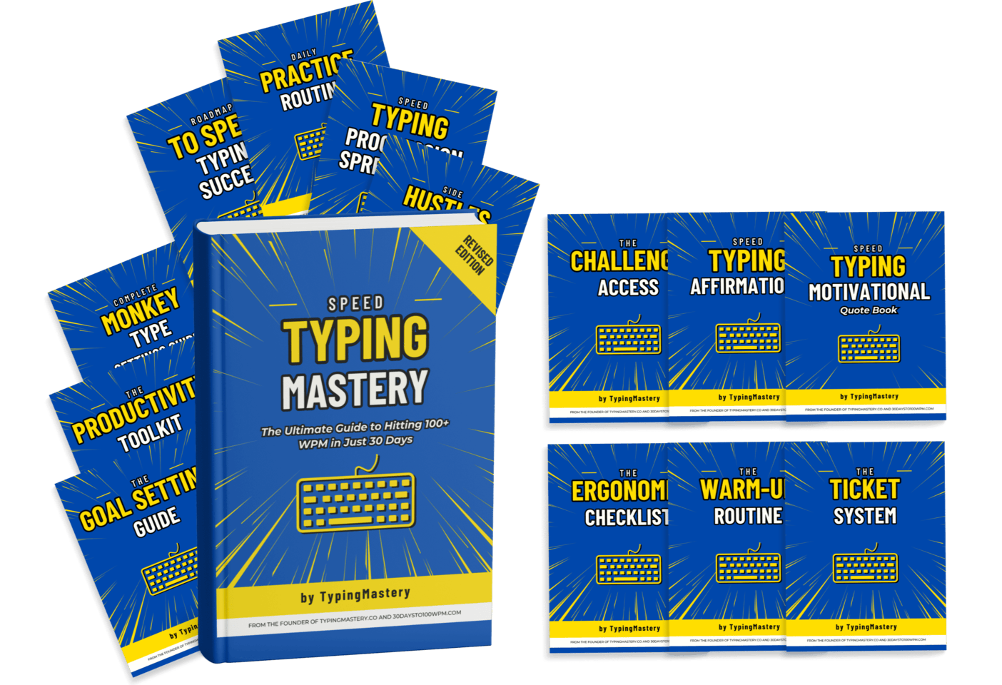 One main book, Speed Typing Mastery, surrounded by thirteen bonus resources.