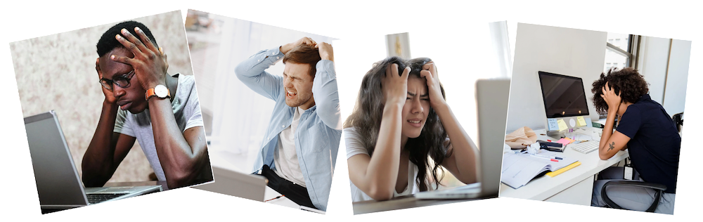 Four people sitting in front of their computer monitor, visibly frustrated.